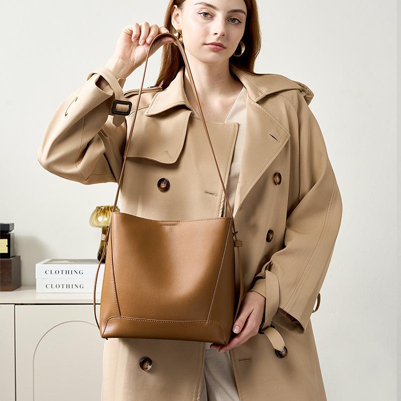 New High-end Handbag for Women, Simple Commuting Cowhide Crossbody Bag, Large Capacity Leather Shoulder Bucket Bag for Women