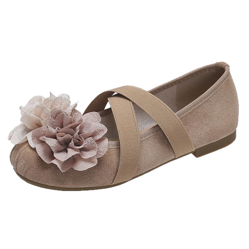 Faux leather French camellia flower Mary Jane single shoes women's 2025 new fashion versatile cross elastic flat shoes
