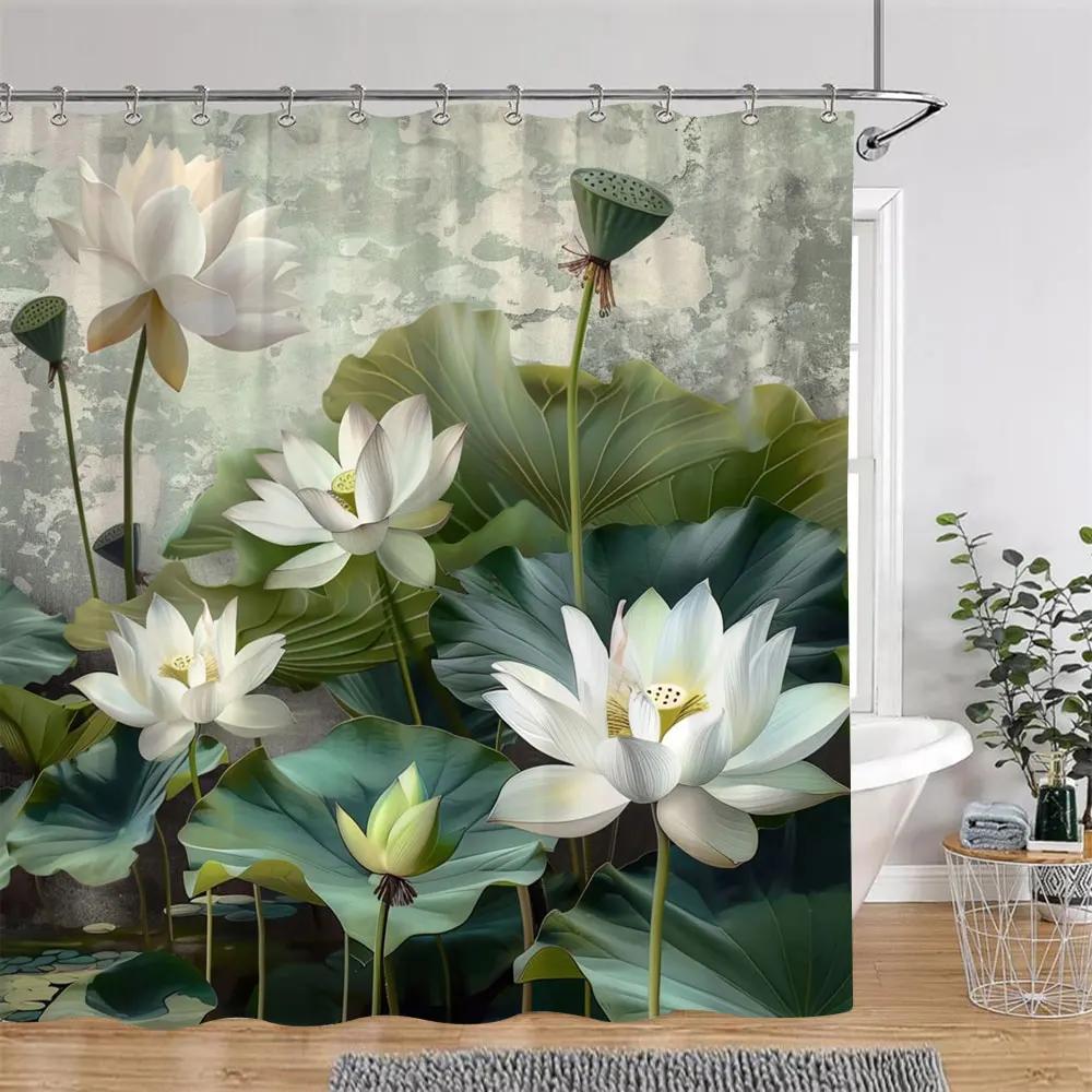 Lotus Flowers Shower Curtain Green Leaves Plant White Floral Chinese Style Home Wall Hanging Bathroom Curtains Decor with Hooks