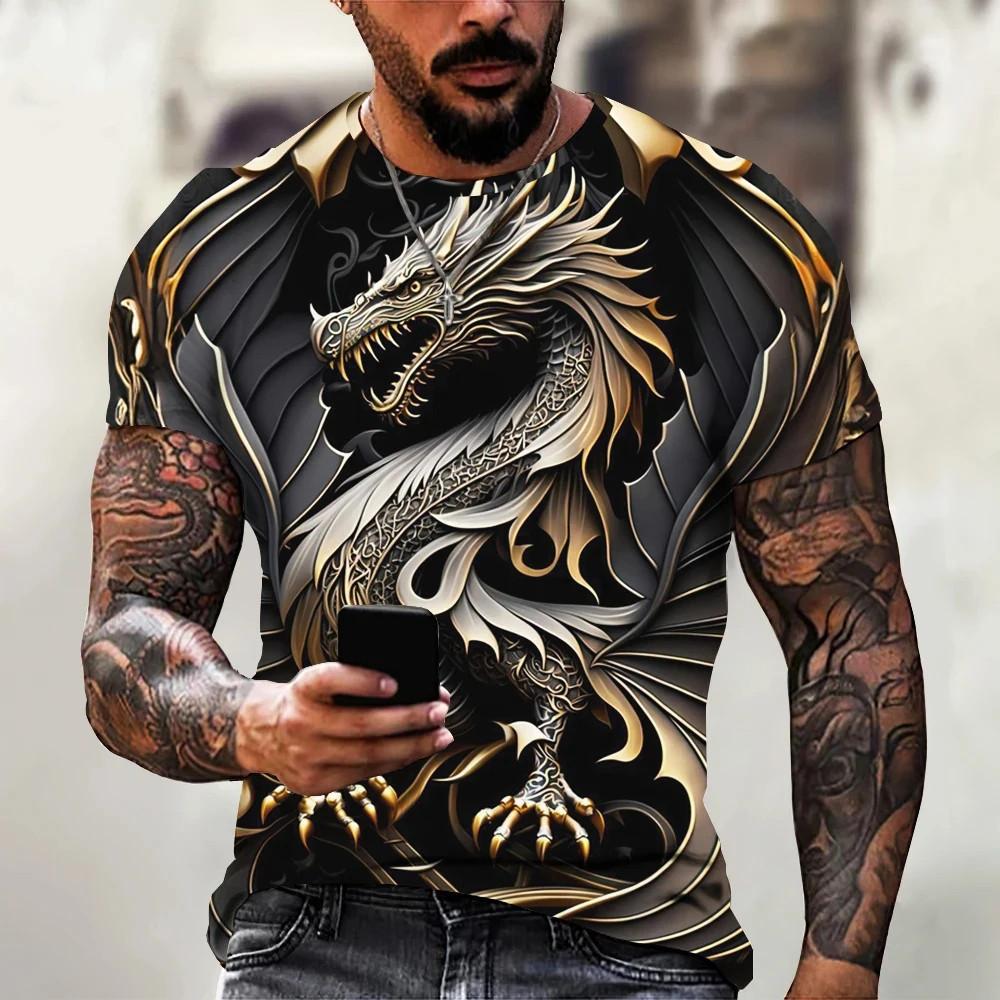 Summer casual dragon T-shirt men's fashionable 3D animal print, plus size short sleeved street T-shirt