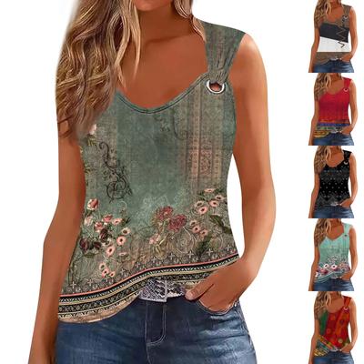 Womens Tank Top V Neck Basic Printed Casual Flowy Summer Sleeveless Deep Side Cut Tops For Women