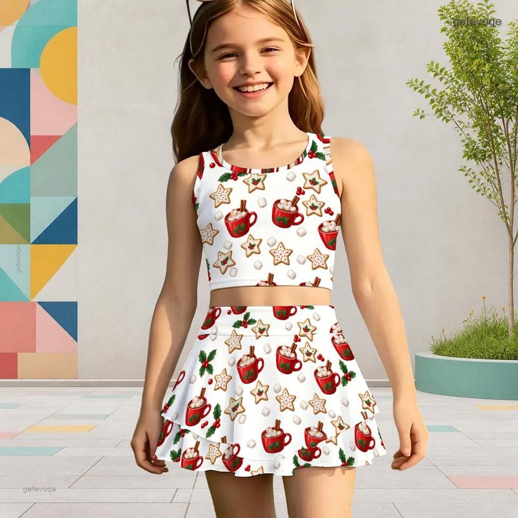 Mädchen Weiß Bedrucktes Ärmelloses Racerback Crop Top Mehrlagiger Rock Zweiteiliges Set
