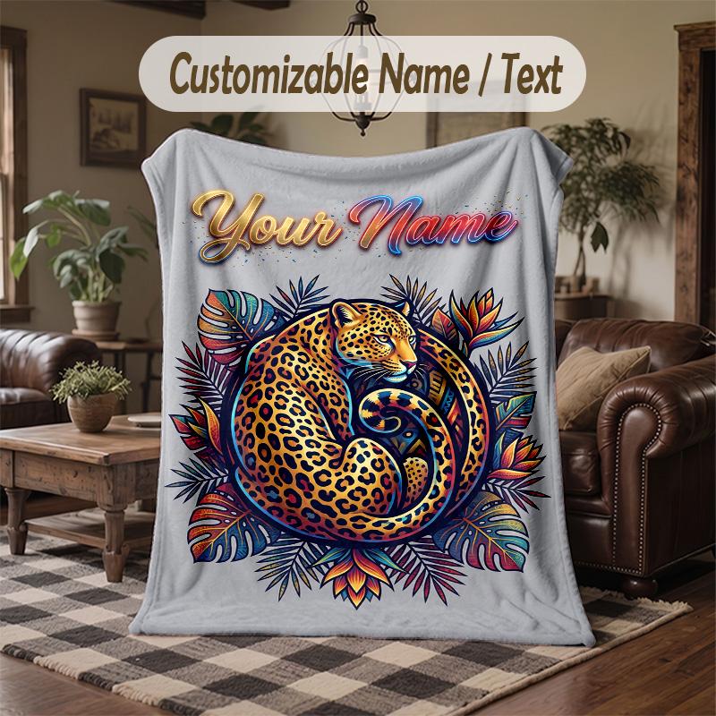 Leopard Print Style Theme Throw Blanket Custom Name Text Personalized Blanket Soft Cozy Blanket for Home Sofa Bed