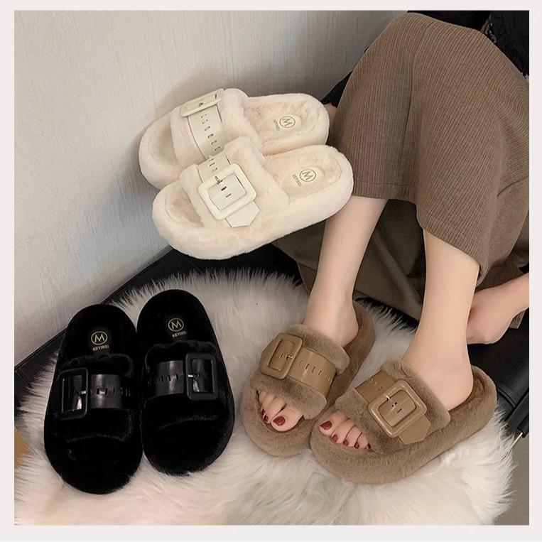 Muffin thick-bottomed Korean version of fluffy slippers for women's autumn and winter new versatile outer wear casual office cotton mop