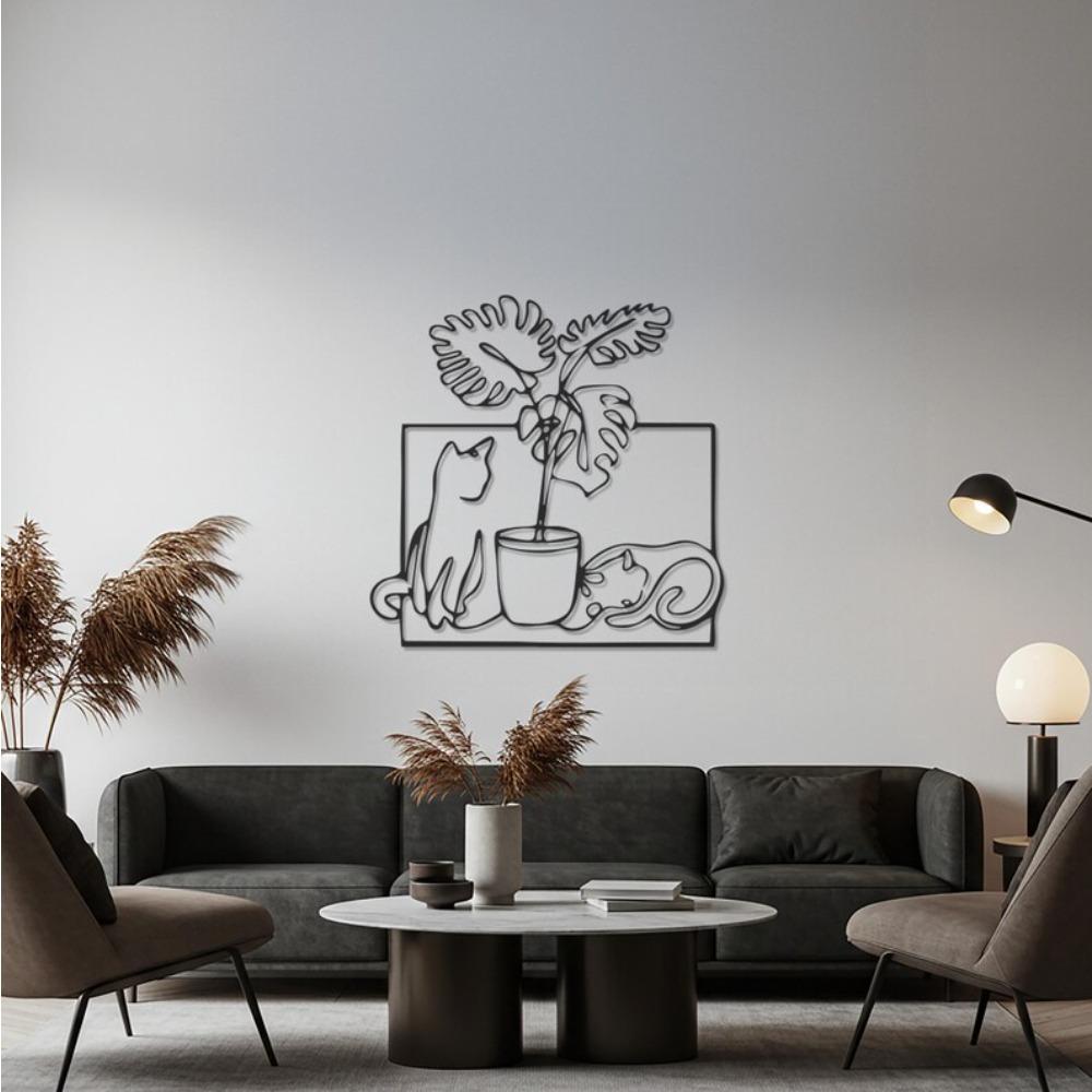 Modern Minimalist Cat and Plant Metal Wall Art, Abstract Line Drawing Decor for Living Room