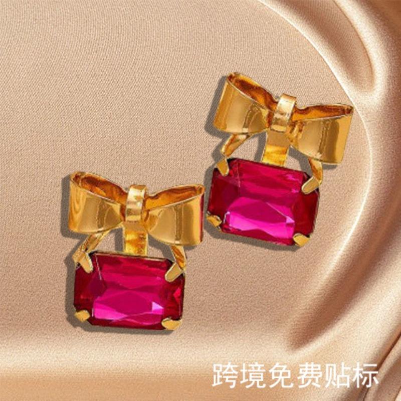 

Fashion high-end setting with red gemstone bow studs, new exquisite and generous bow earrings золотий жовтий колір