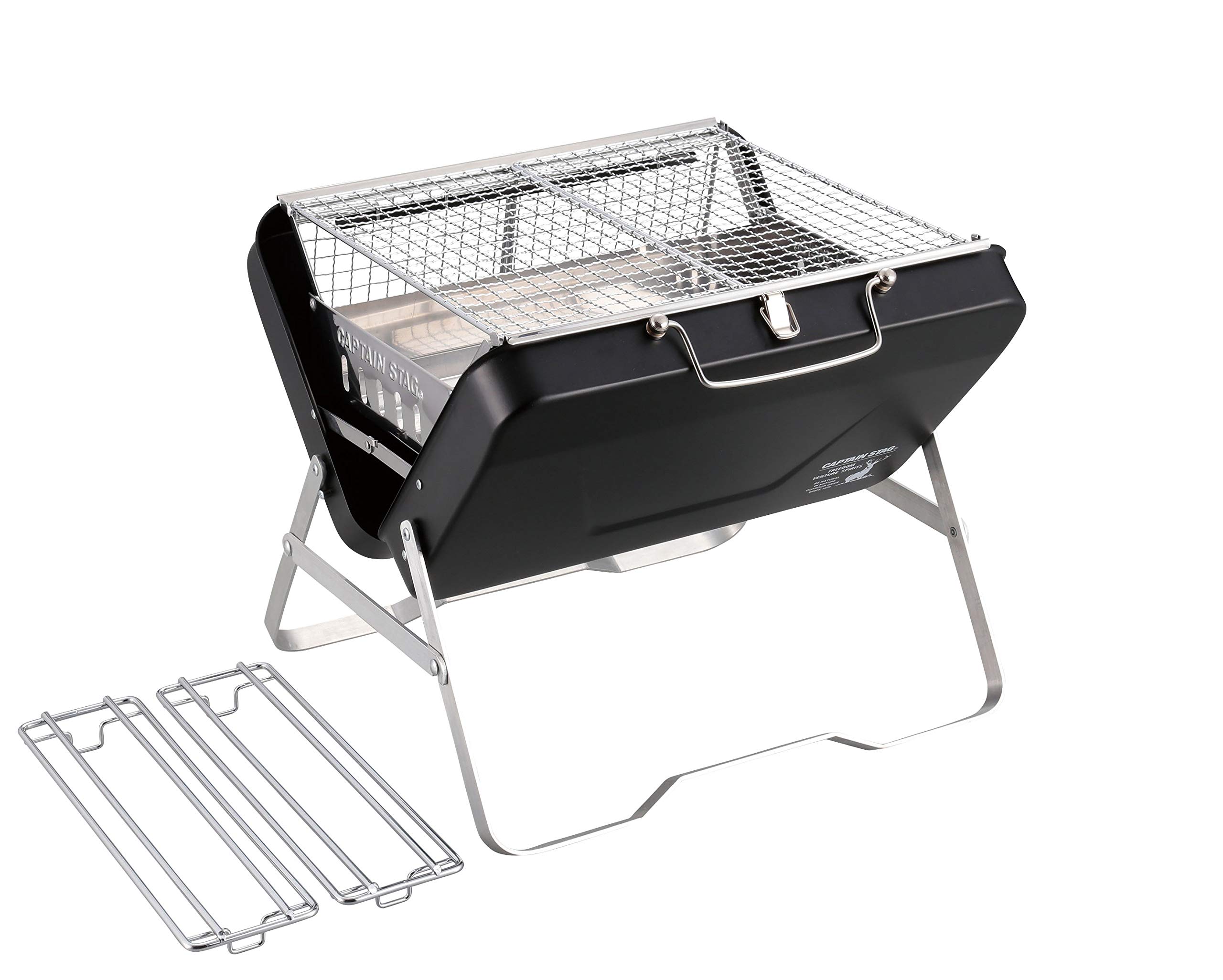 

Captain Stag UG-77 BBQ Stove, Grill, and Fire Pit, 4-in-1 Tabletop Grill with V-Shaped Fire Grill and 2 Tripods, Wide, Black, CS Black Label