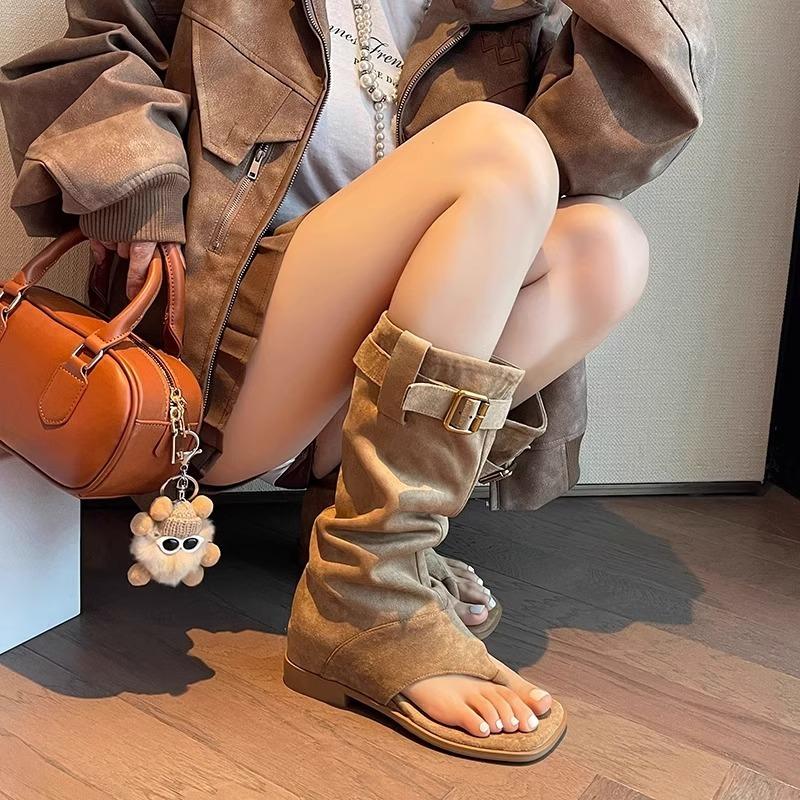Summer Boots Women's Medium Boots New Toe Cool Boots Inner Heightening Pile Boots Summer Boots Apricot