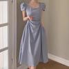 Elegant Korean-Style Pleated Summer Midi Dress with Square Neck and Waist-Cinched A-Line Skirt