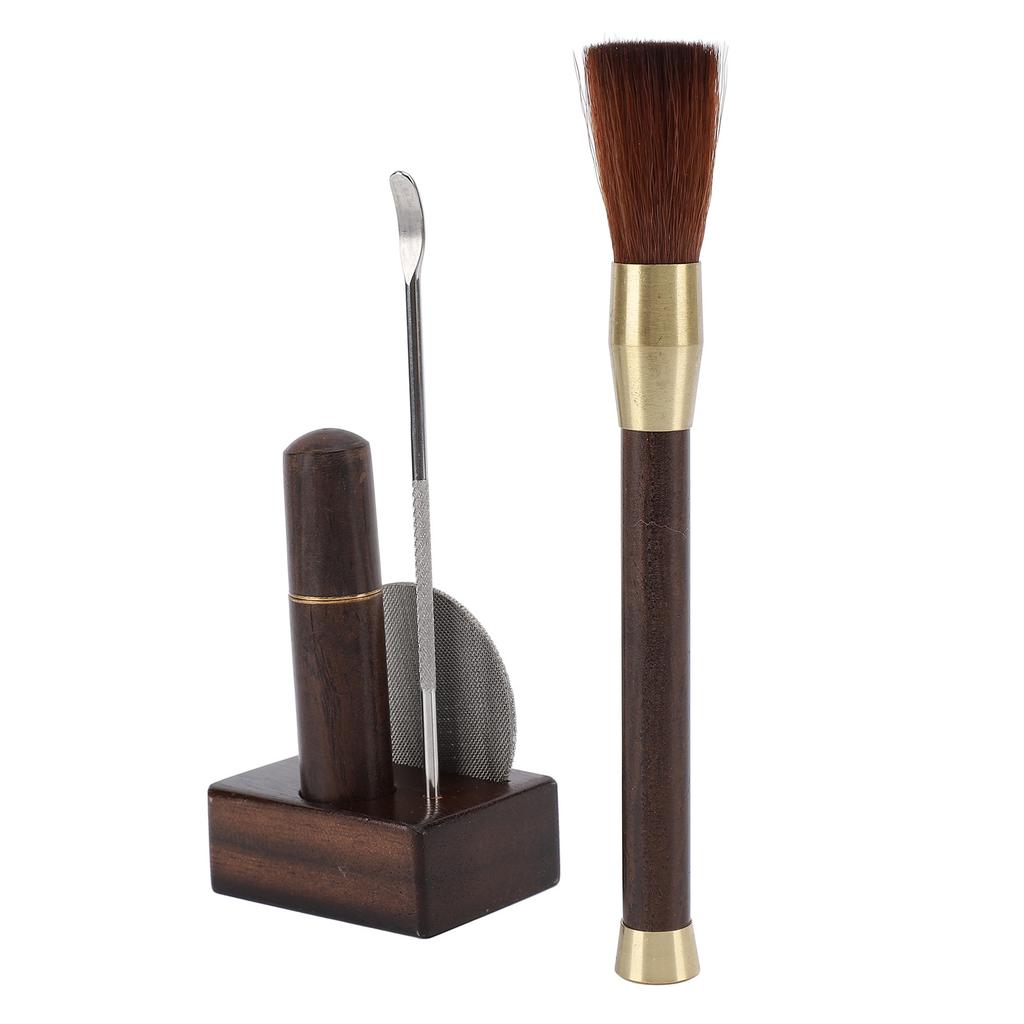 Coffee Powder Distributor Kit Stainless Steel Needle Wood Handle Brush Coffee Stirring Tool with Storage Base