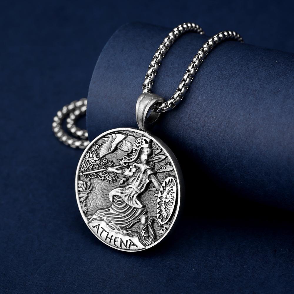 Ancient Greek Coin Muse Athena Pendant European and American Men's Retro Necklace Titanium Steel Hip Hop Pendant