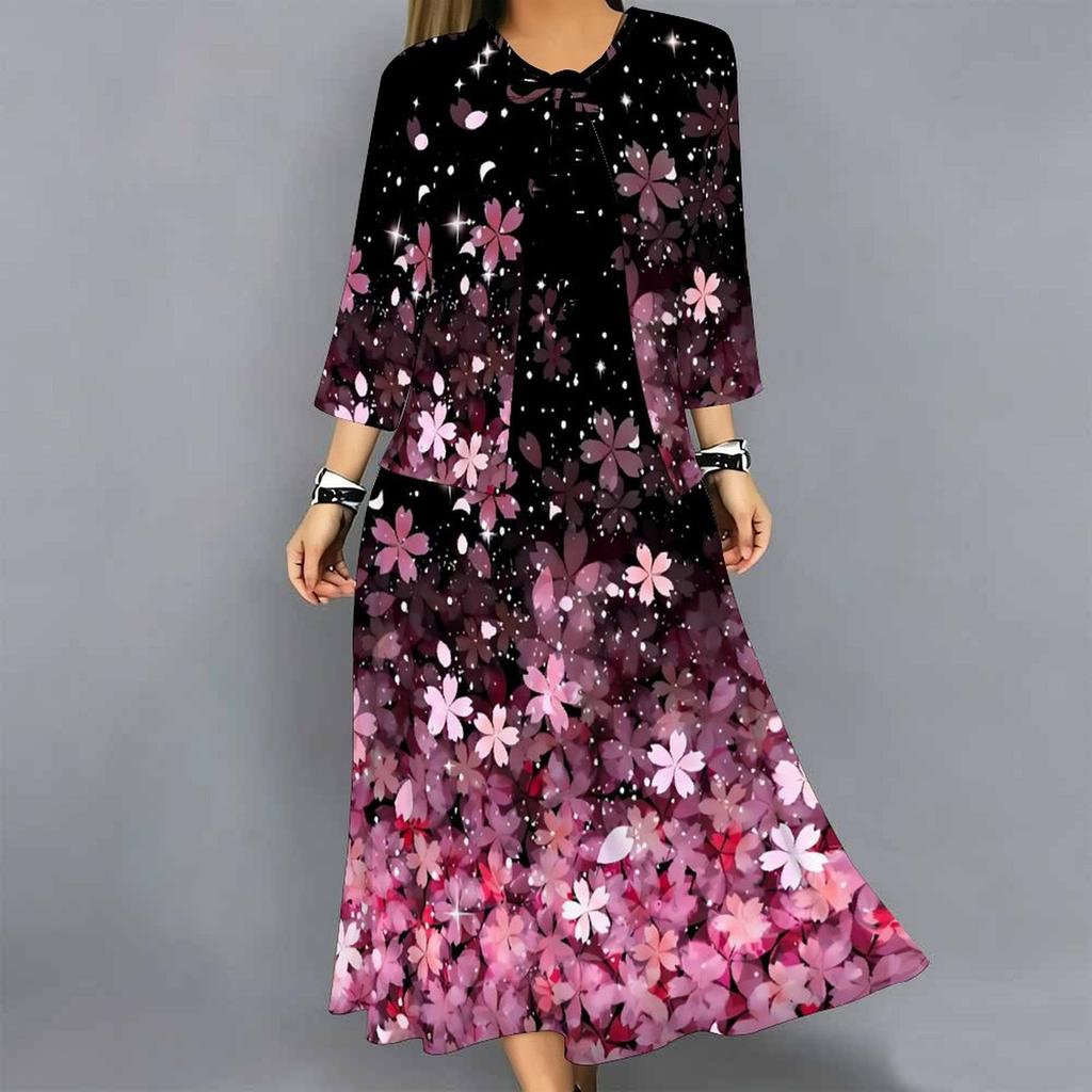 Oversized Female Two Piece Set Floral Sling Dress With Hollow Out Knit Outer Coat
