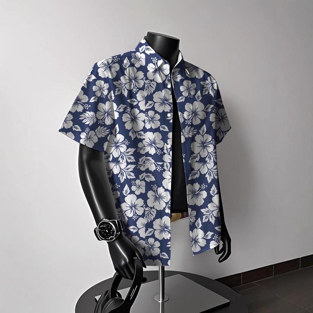Men's Vintage Hong Kong-Style Hawaiian Floral Short-Sleeve Shirt: Trendy Summer Beachwear for Couples