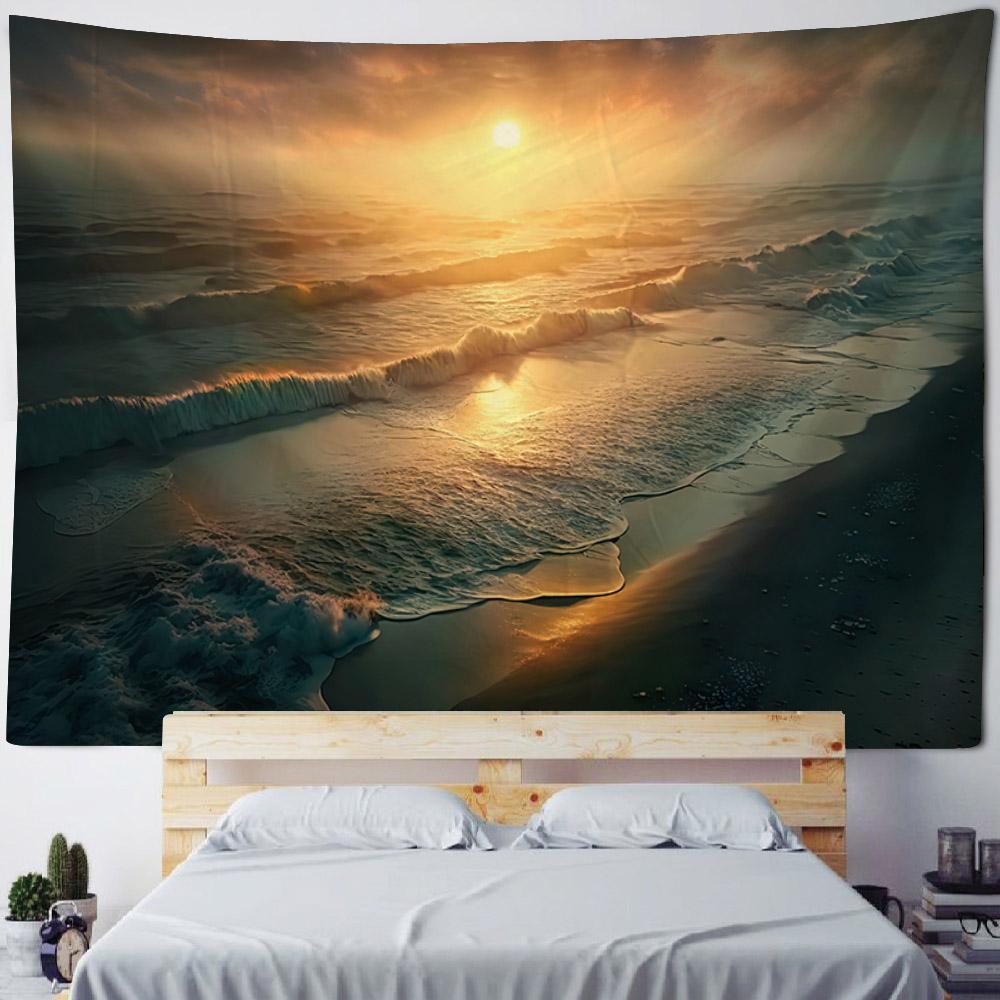 Sea oil painting tapestry, waves, sunrise, bohemian, hippie, wall hanging, home, bedroom, living room, aesthetic decoration