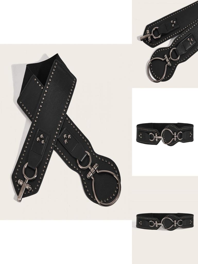 Fashion Solid Color Large Circular Buckle And Rivet Design Wide Waistband For Women