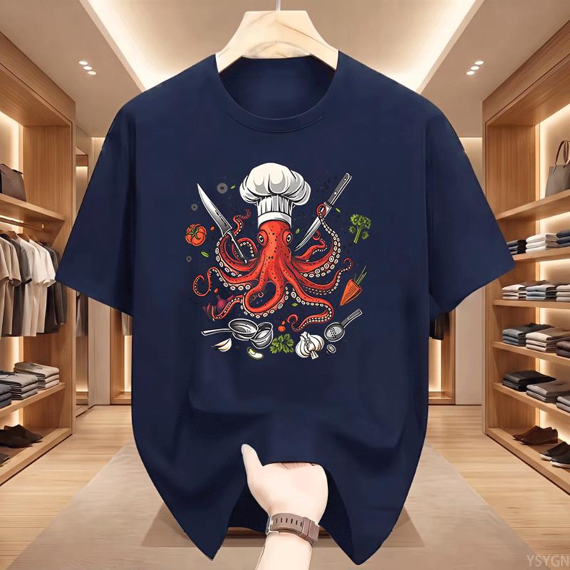 Octopus Chef Tshirt Funny Octopus Cooking T Shirt Unisex Unisex Funny Chef Tshirt Sushi Cotton Short Sleeve Round Neck Tshirts