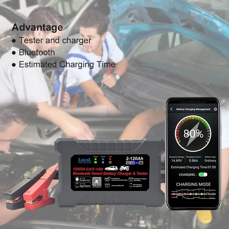 Lancol CAT100 12V 3A Fully Automatic Bluetooth Smart Battery Charger and Tester Maintainer 2 In 1 8 Stages Battery Charger