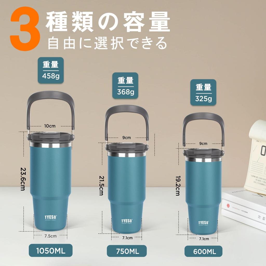 TYESO 750ml Tumbler with Straw, CoffeeWater BottleThermo Flask, Insulated, Handled, Vacuum Insulated, Double-Walled Wall, Wide Mouth, Large Capacity,