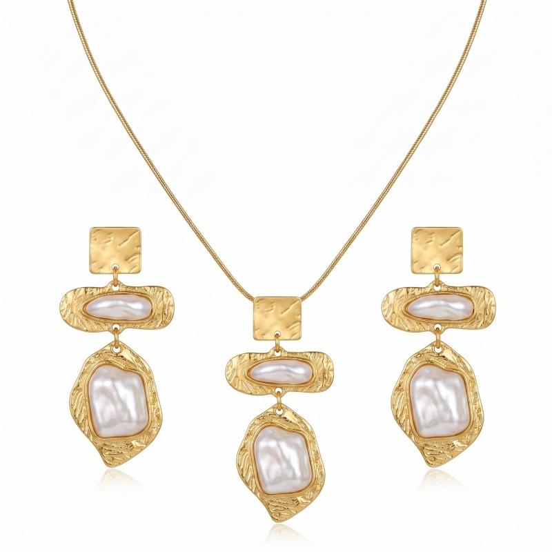 Vintage 2Pcs Gold Baroque Pearl Jewelry Set Irregular Textured Metal Drop Earrings & Pendant Necklace Set For Women Daily