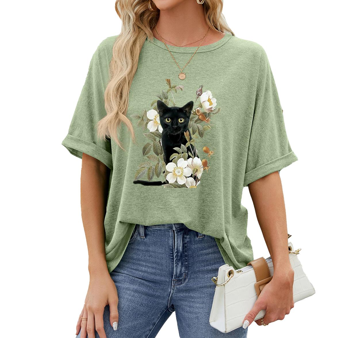 

Женская мода плюс размер футболки с принтом Летняя повседневная футболка с круглым вырезом и коротким рукавом Пуловер Свободная футболка XXL светло-зеленый