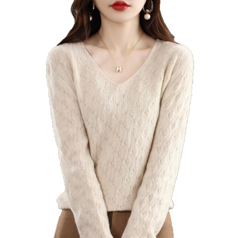 Women's V-Neck Loose Pure Wool Sweater - Autumn/Winter Knitted Base Layer Top