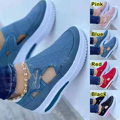 Atmungsaktive Sommer-Sandalen für Damen mit rundem Kopf und Keilabsatz, einfarbig, Slipper, Shake-Schuhe, fliegende, gewebte, leichte Sneakers mit Klettverschluss