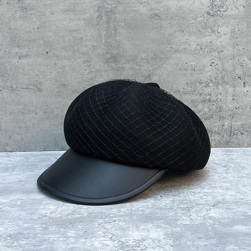 

Pu Splicing Brim Mesh Wool Woolen Pumpkin Hat Newsboy Octagonal Hat Women S Elegant Retro Beret M（56-58cm） чорний