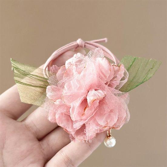 2Pcs Hair Tie High Elastic Rubber Band Hair Rope with Hand-Sewn Organza Flowers Imitation Pearl Pendant Ponytail Holder Hair Accessories