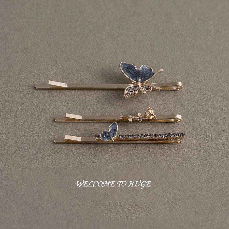 

3 шт. Модная ретро заколка для волос с розой и бабочкой с кристаллами, темно-серый винтажный сплав, боковые зажимы для волос, аксессуар для женщин и девушек