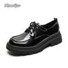 Autumn Winter Plush Thick Sole Loafers Black Lace Up Retro British Style Leather Mid Heel Pumps Shoes for Women Zapatos De Mujer