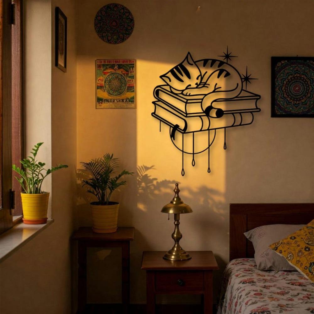 Sleeping Cat On Books Metal Wall Art Cat Lover Home Decor Cozy Reading Nook Sign Minimalist Feline Silhouette