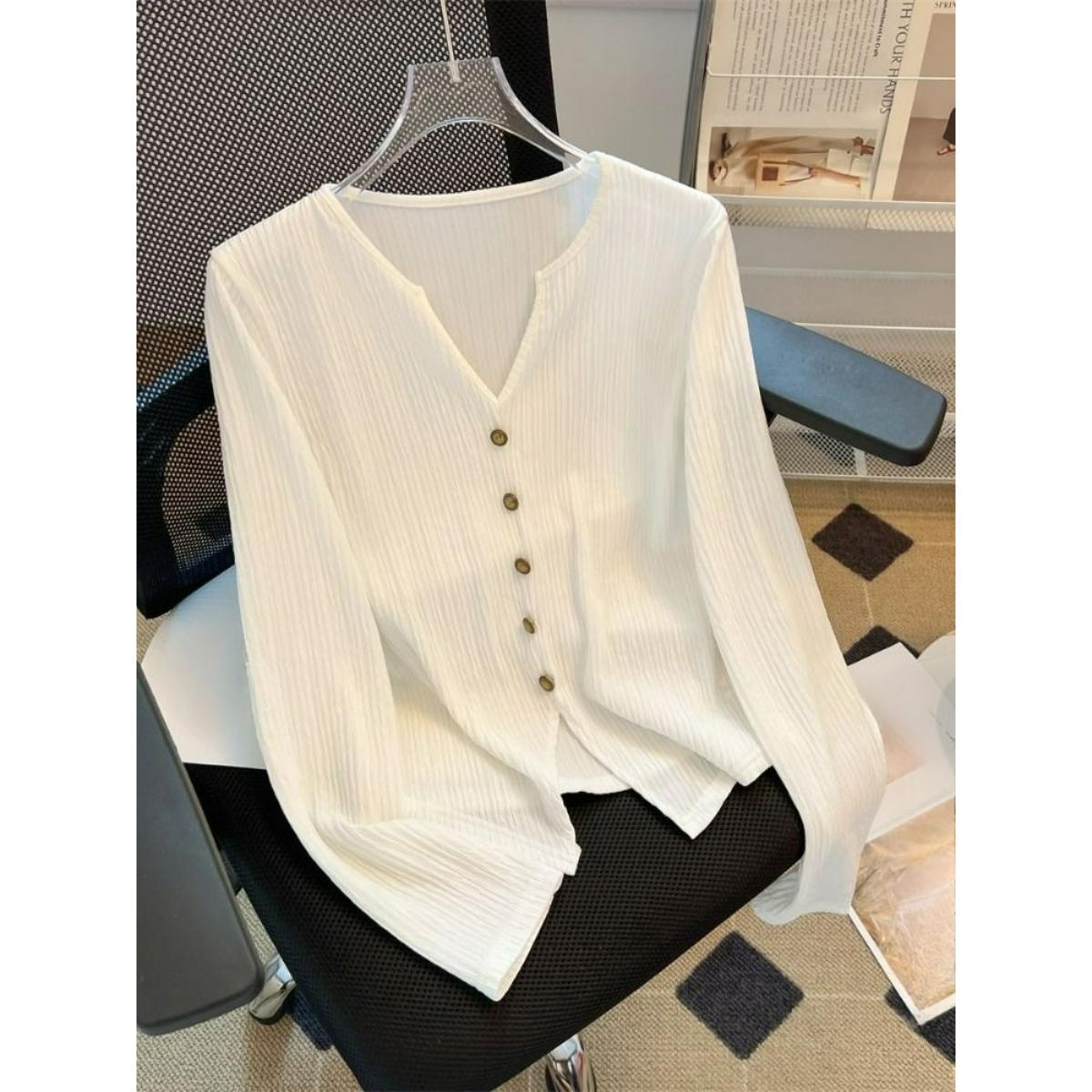 

Plus Size Women s Autumn Loose Belly-covering Long-sleeved Shirt Women s Fashion Design Casual Sweet Top M білий