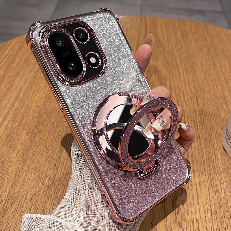 

For Realme 16 Pro Plus 16pro 5G Four Corners Shockproof Plating Glitter Silicone Holder Case for Realme 16 Pro+ Ring Stand Cover for realme 16pro 5G