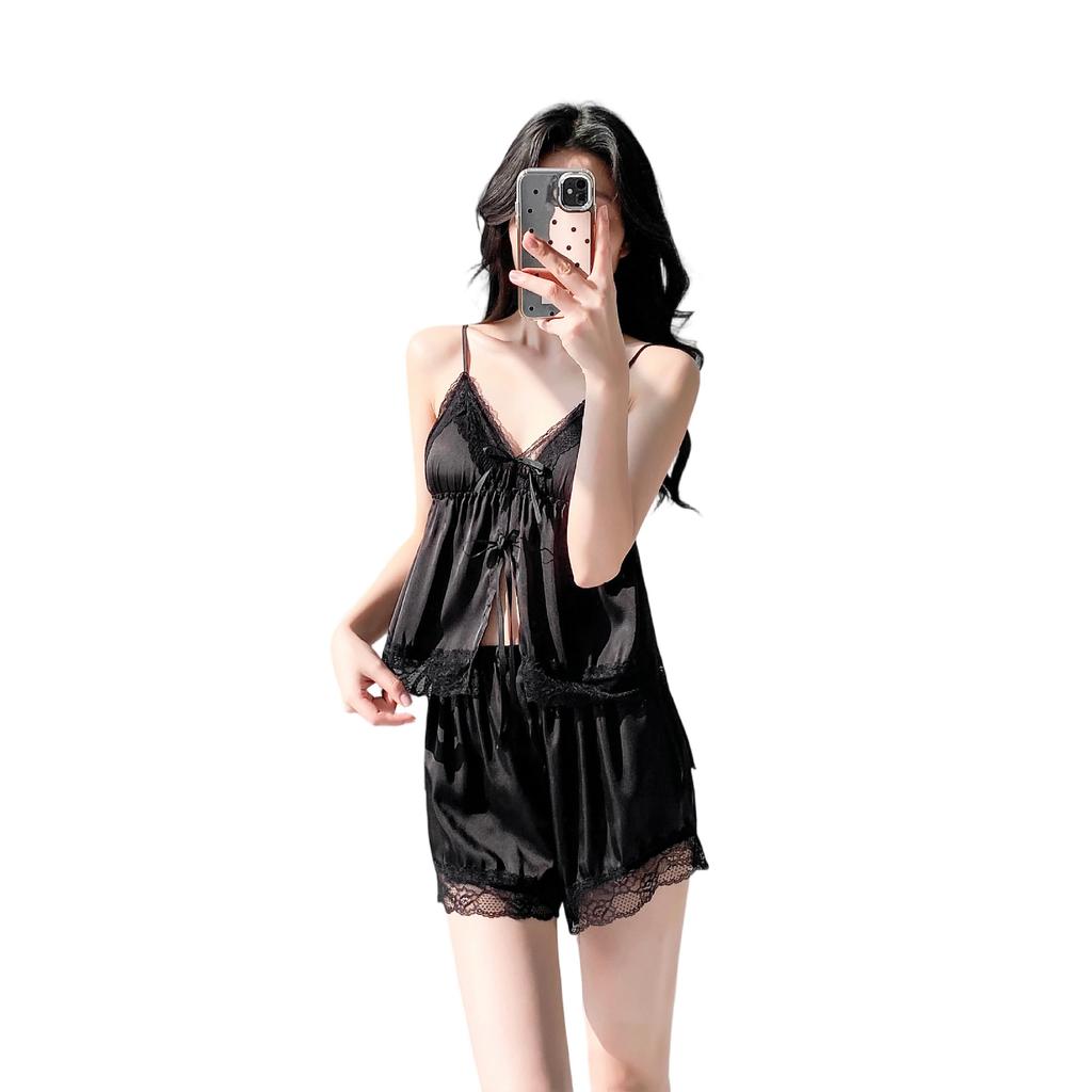 Summer French Three-piece Set V-neck Lace Suspender Shorts Cardigan Nightgown Ice Silk Pajamas Women's Loungewear