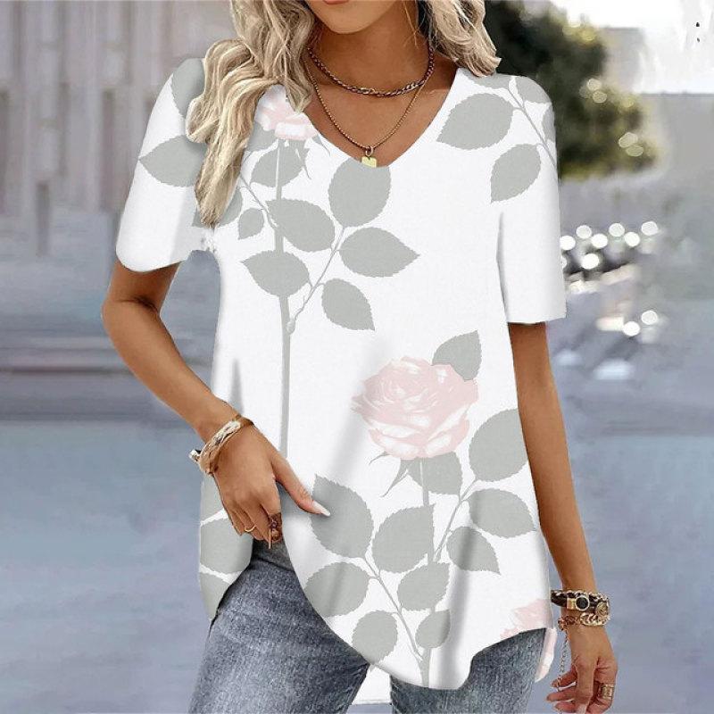 Women Summer V Neck Short Sleeve T Shirt Loose Casual Feminina White T Shirts Female Plus Size Tops 3D Printing Tees T-Shirts