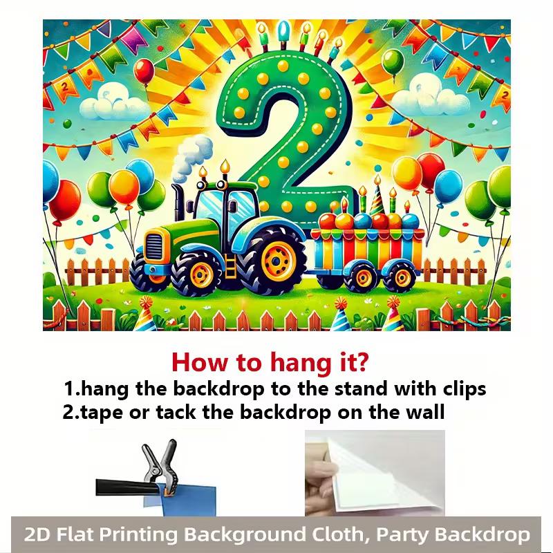 2D Tractor 2nd Birthday Backdrop for Boy Farm Themed Birthday Party