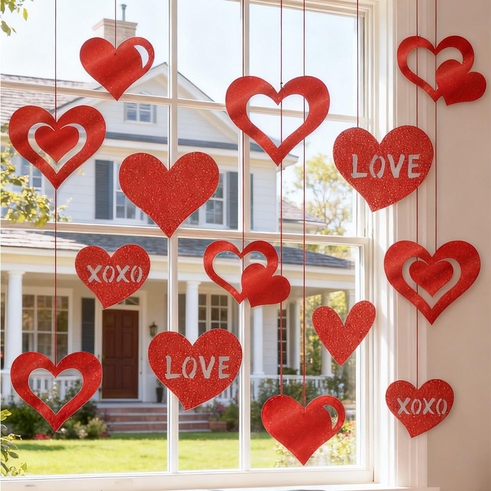 16 Stück Valentinstag Rotes Herz Hängedeko Herzen Ornament für Romantische Heimparty Tür Fenster Wand Hochzeitsjubiläumsgeschenke