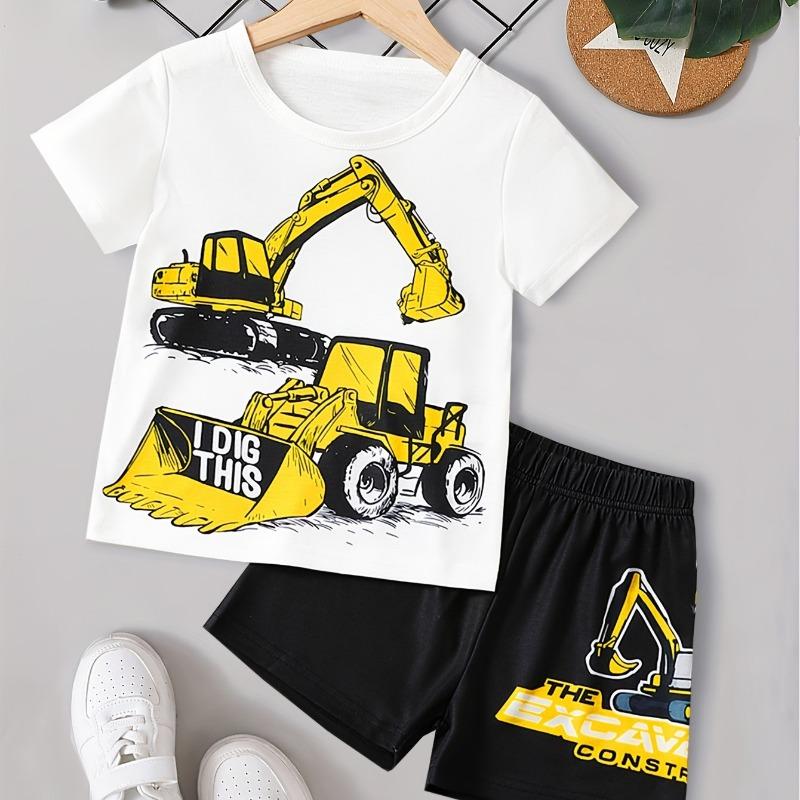 2-Piece Boys Casual Summer Outfit Set, Monster Truck Print Versatile Short Sleeve Tee & Shorts Set