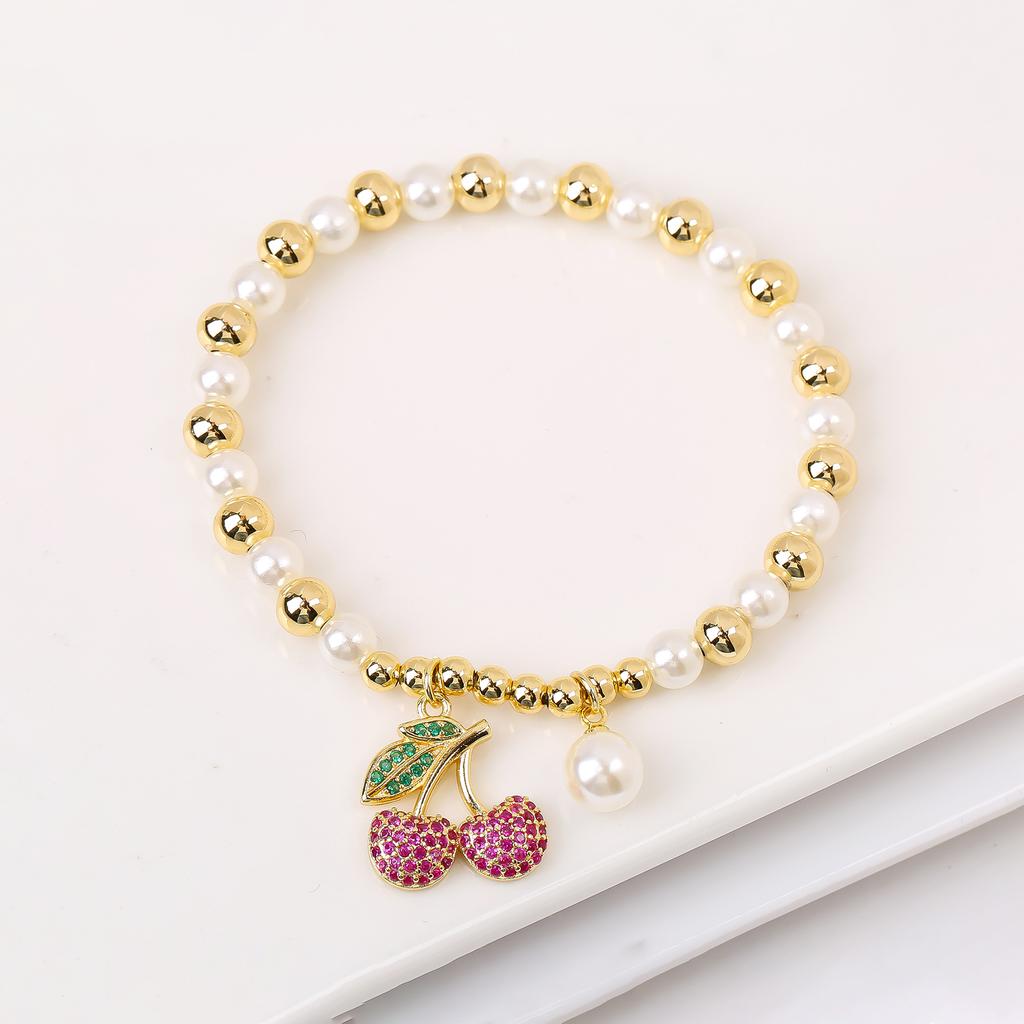 Nouveau Mode Cerise Fraise Cristal Zircone Pendentif Bracelet Élastique Luxe pour Femme Fille Perle Bijoux de Poignet Cadeau de Fête