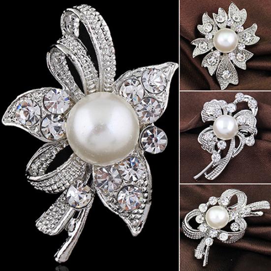 New Bouquet Rhinestone Bridal Pin Silver Crystal Brooch Pearl Brooches Flower