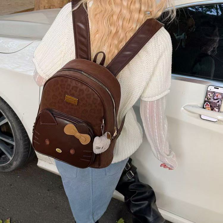 Vintage Leopard Print Hello Kitty Backpack for Women, PU Student School Bag, Cute Cartoon Shoulder Handbag, Large Capacity Fashion Backpack