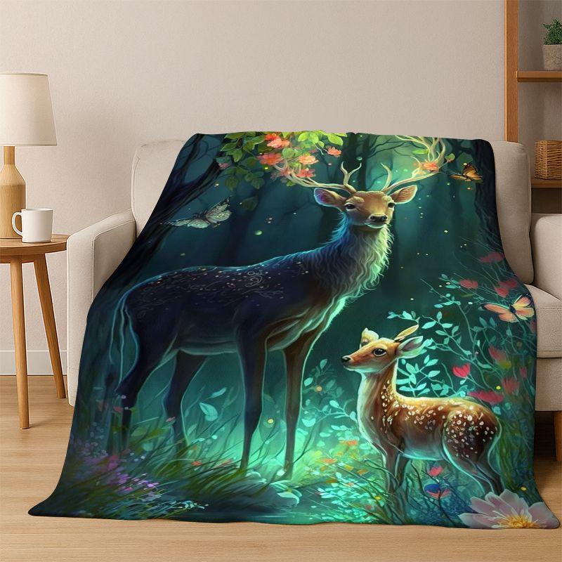 Dreamy Cute Deer Elk Cartoon Flannel Blanket Soft Warm Throw Blanket for Bedroom Living Room Bed Travel Camping Picnic Gift Kid