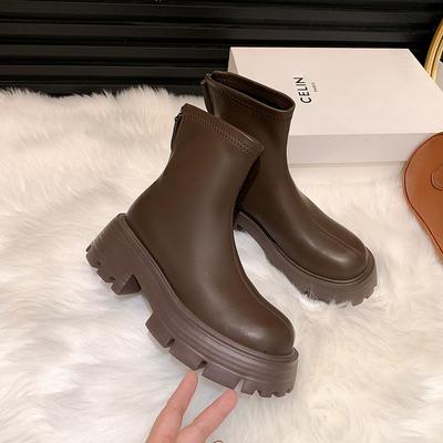 High-heeled Short Boots for Women's Winter Versatile Thick-soled Heightening Elastic Round-toed Martin Boots for Women