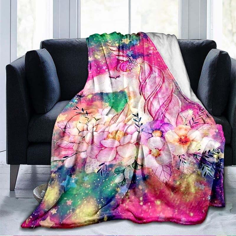 Cute Mermaid Cartoon Blankets Unicorn Blankets Starry Unicorn Flannel Blankets Throw Blankets for Couch Bed Sofa Girl Gifts Pink