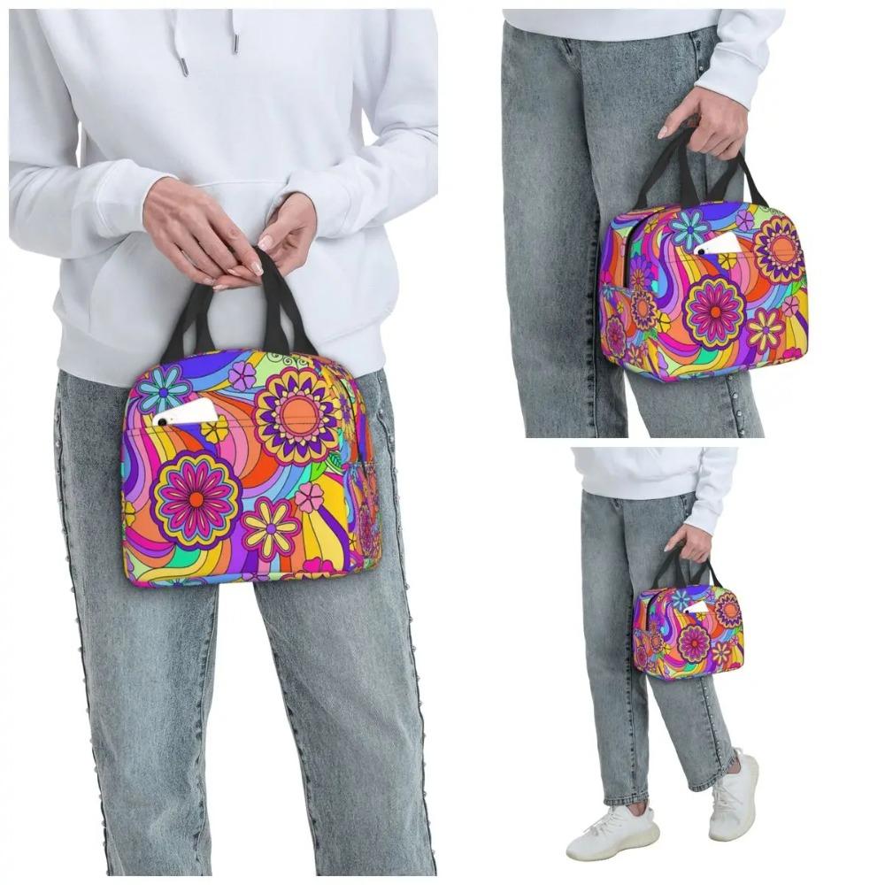 Hippie Colorful Flower Insulated Lunch Bag for Kids School Cooler Thermal Food Box Tote Portable Lunch Boxes Container