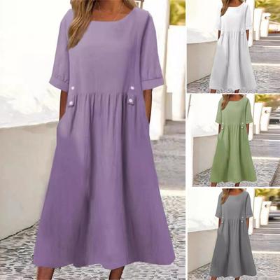 Sommerkleid mit Taschen, Rundhalsausschnitt, lockere Taille, kurze Ärmel, wadenlang, einfarbig, Midikleid für Arbeit, Schule, Dating