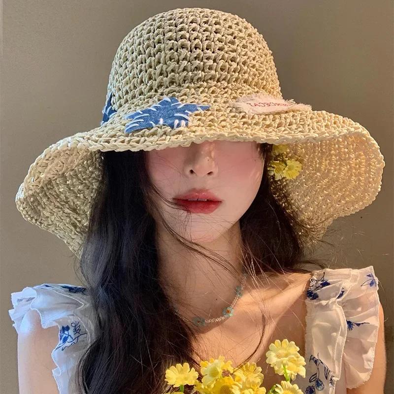 

Sweet Cute Bow Tie Straw Hat Beach Sunshade Large Brim Hollow Out Woven Sun Hats for Women Summer Seaside Vacation Sombreros M 56-58CM
