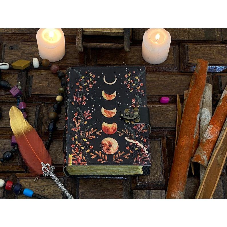 Moon Phase - Grimoire leather journal Notebook - book of shadows - Blank spell book Leather Gifts For Him and Her