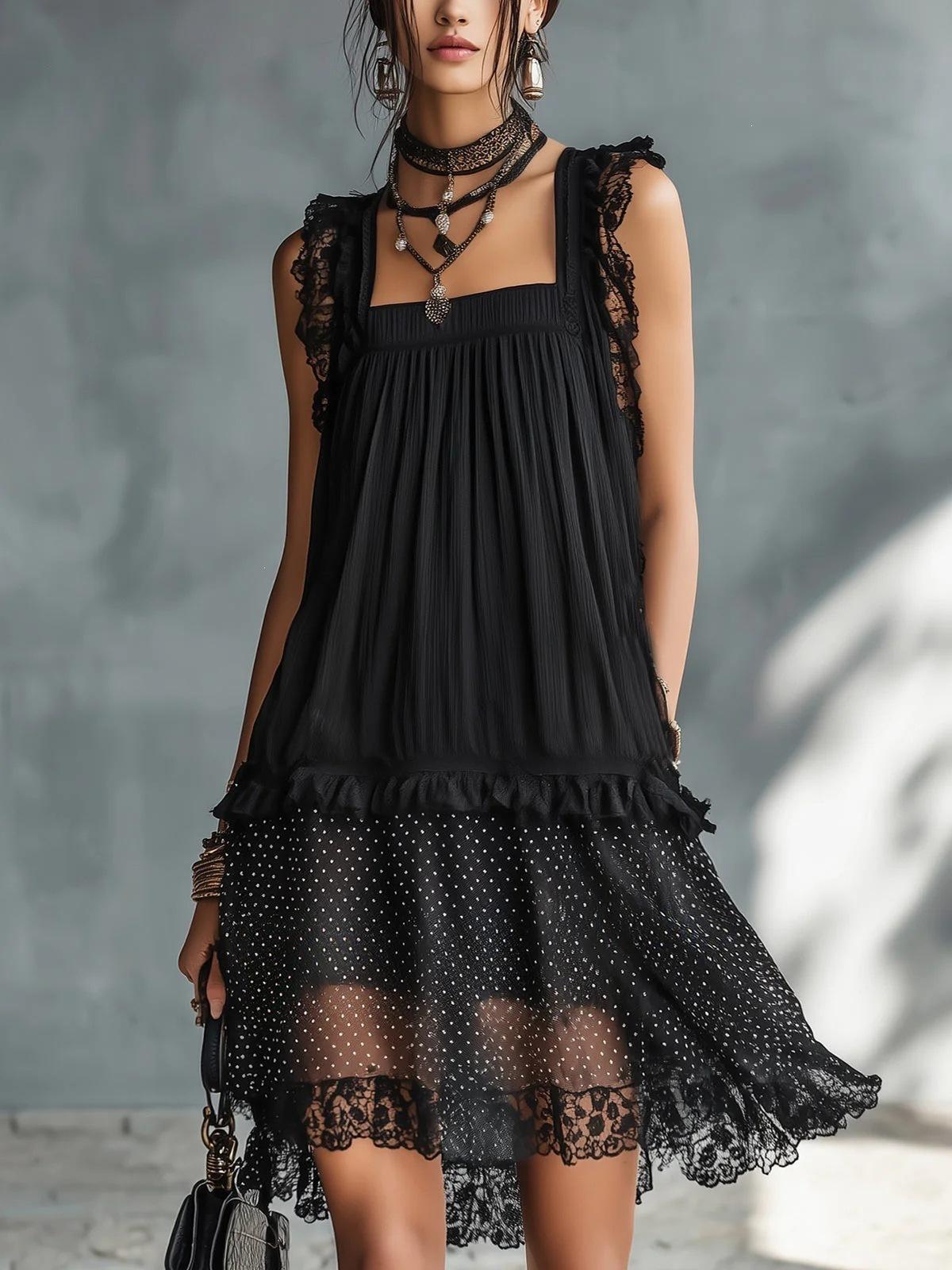 2026 Summer European and American Style Women s Sleeveless Black Lace Patchwork Dress Fashionable Sexy Crew Neck Short Dress S