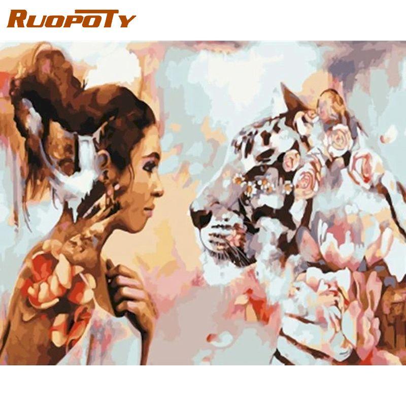

RUOPOTY Наборы картинок маслом по номерам для девочек и животных для взрослых 40x50 см DIY Рамка Акриловые картины по номерам Краски на холсте Домашний декор